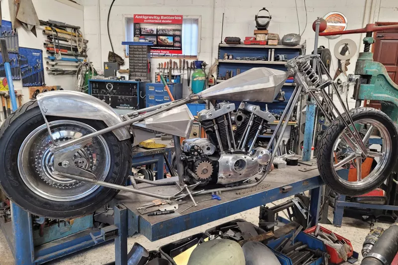 Motorcycle in P & D Custom Bikes workshop